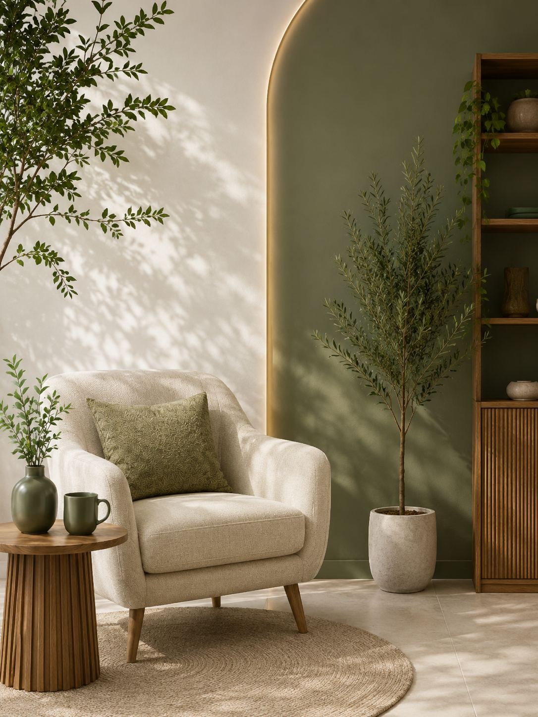 Consultório acolhedor com poltrona bege, plantas, mesa lateral e parede verde oliva